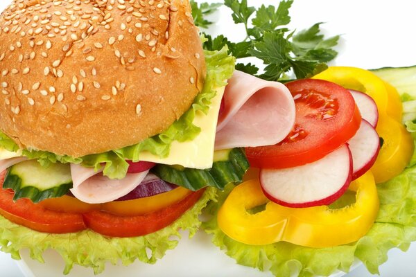 Hamburger with peppers, lettuce, cheese, ham, parsley, tomato, radish