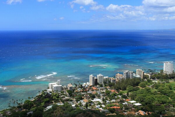 High-rise buildings on the coast from a bird s-eye view