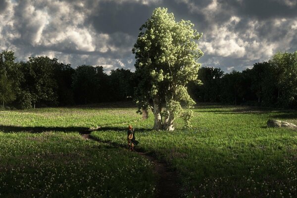 Ragazza sul sentiero vicino all albero