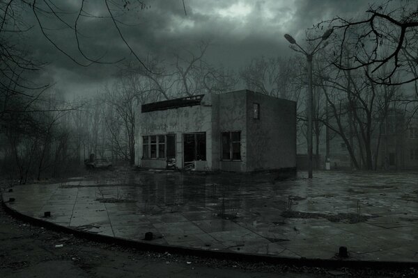 Gloomy Pripyat. An abandoned building on a gloomy background