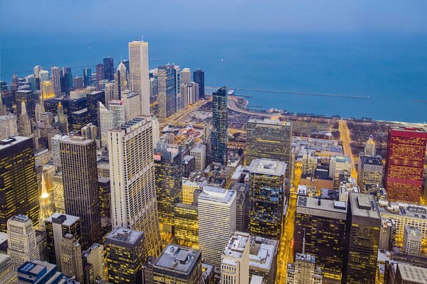 Panorama of the American city of Chicago in the evening