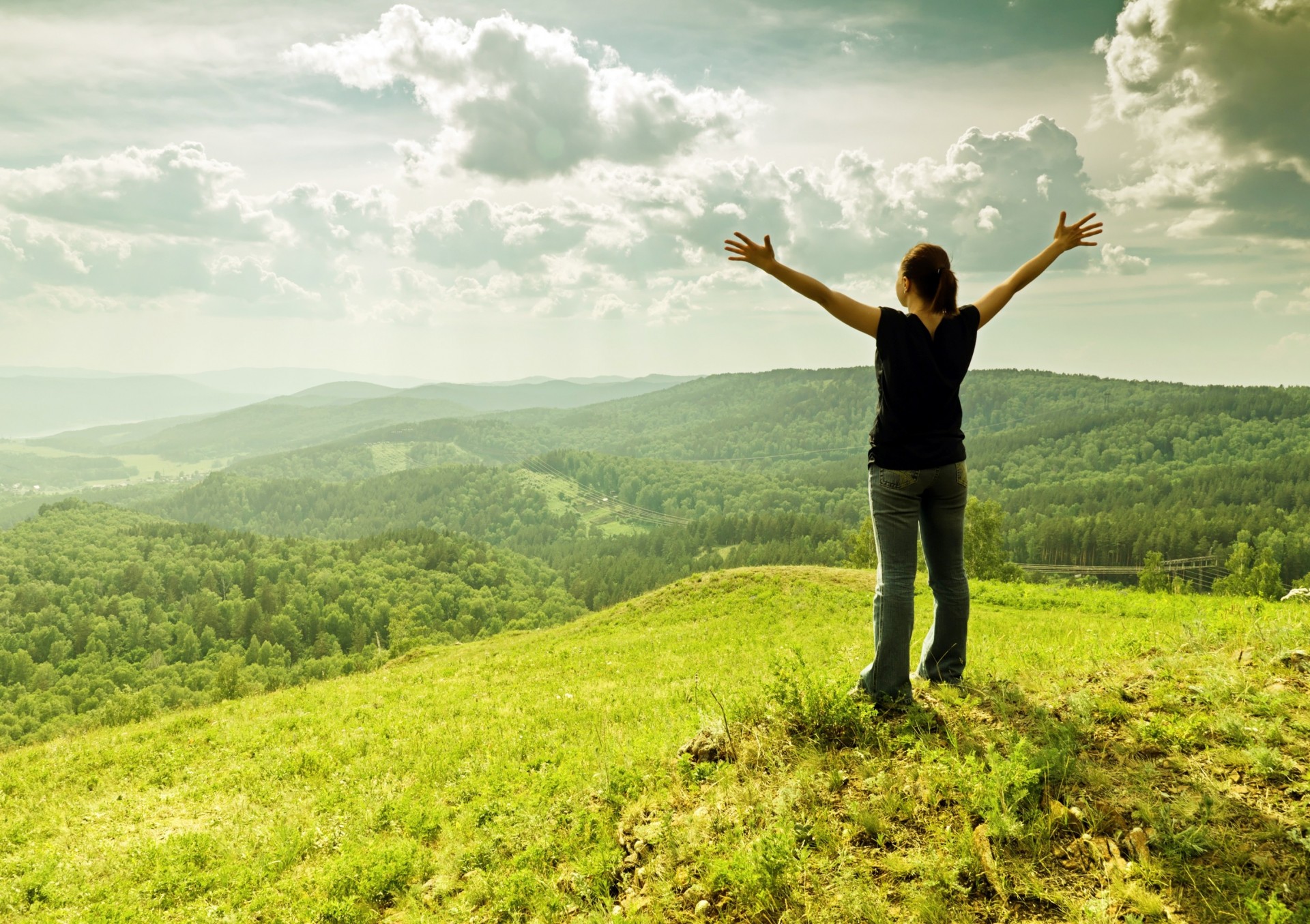 landscape space nature grass sky a woman height hands mountain