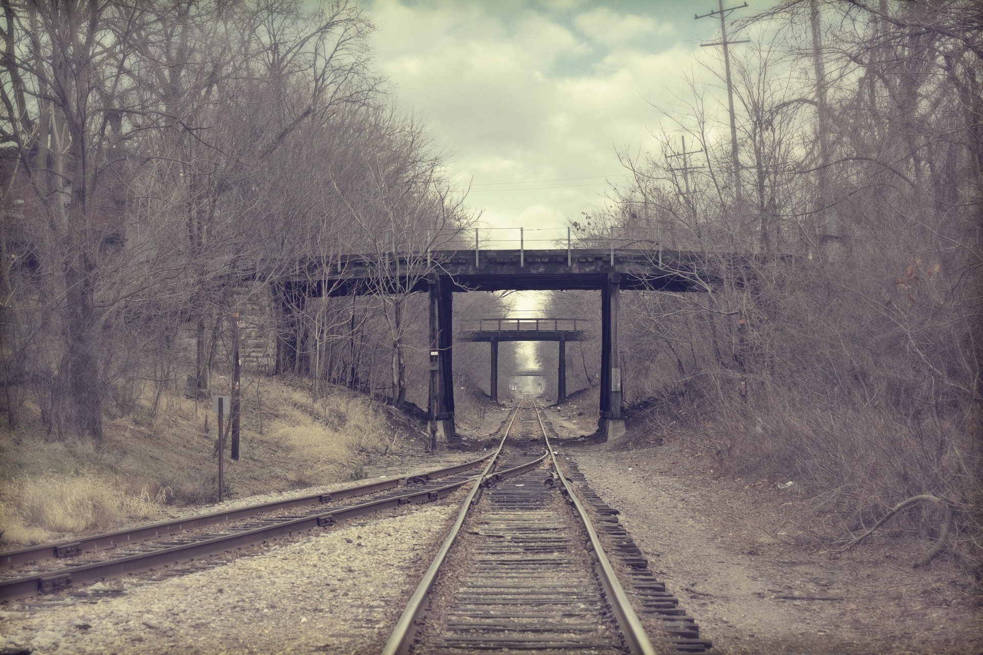 black and white train road count path