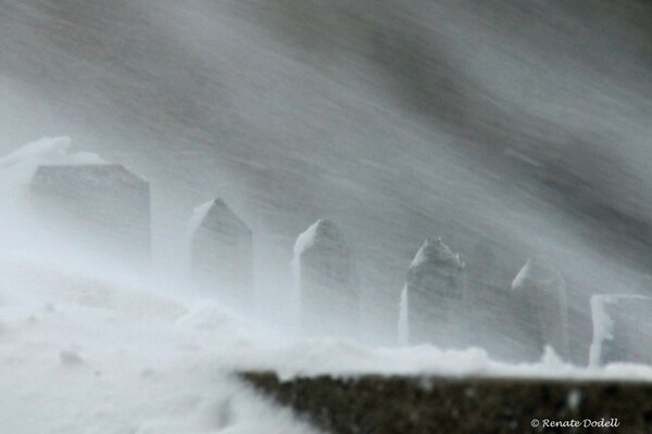 The wind blows away the snow among the stones