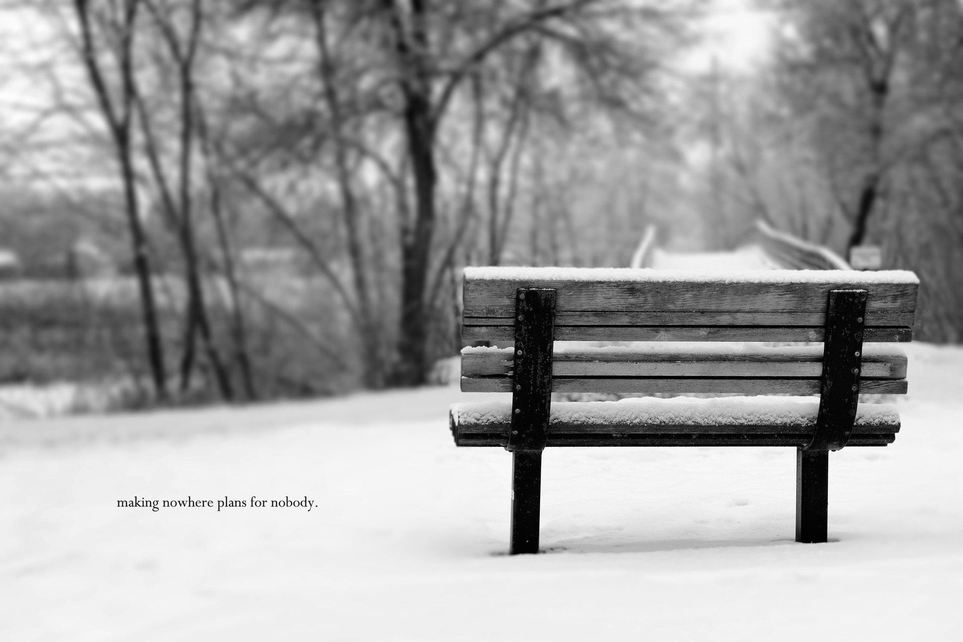 zima ławki śnieg czarno-biały napis