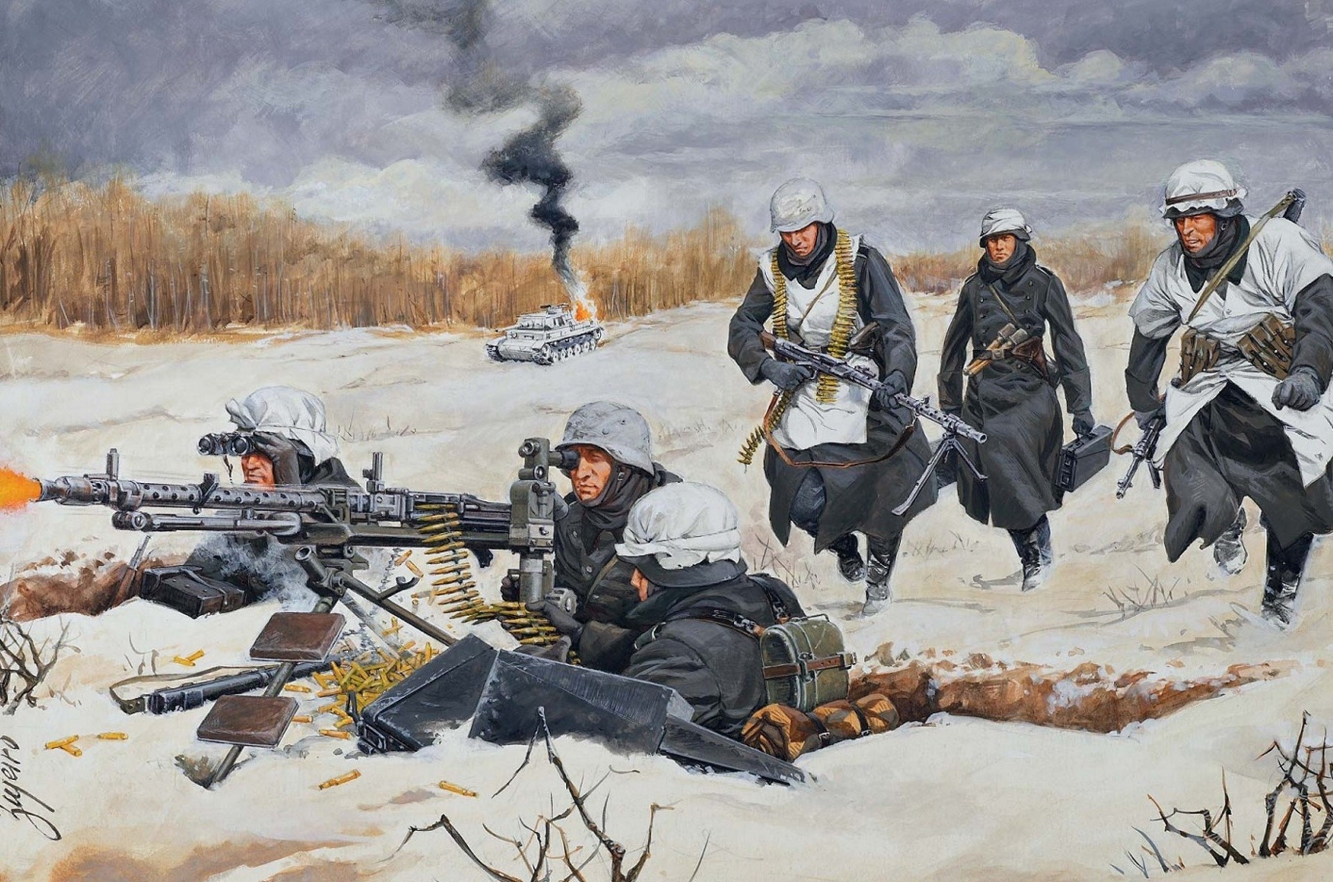 arte gran guerra patriótica tanque posición soldados alemán disparos ametralladoras dibujo nieve mg-34 fuego invierno