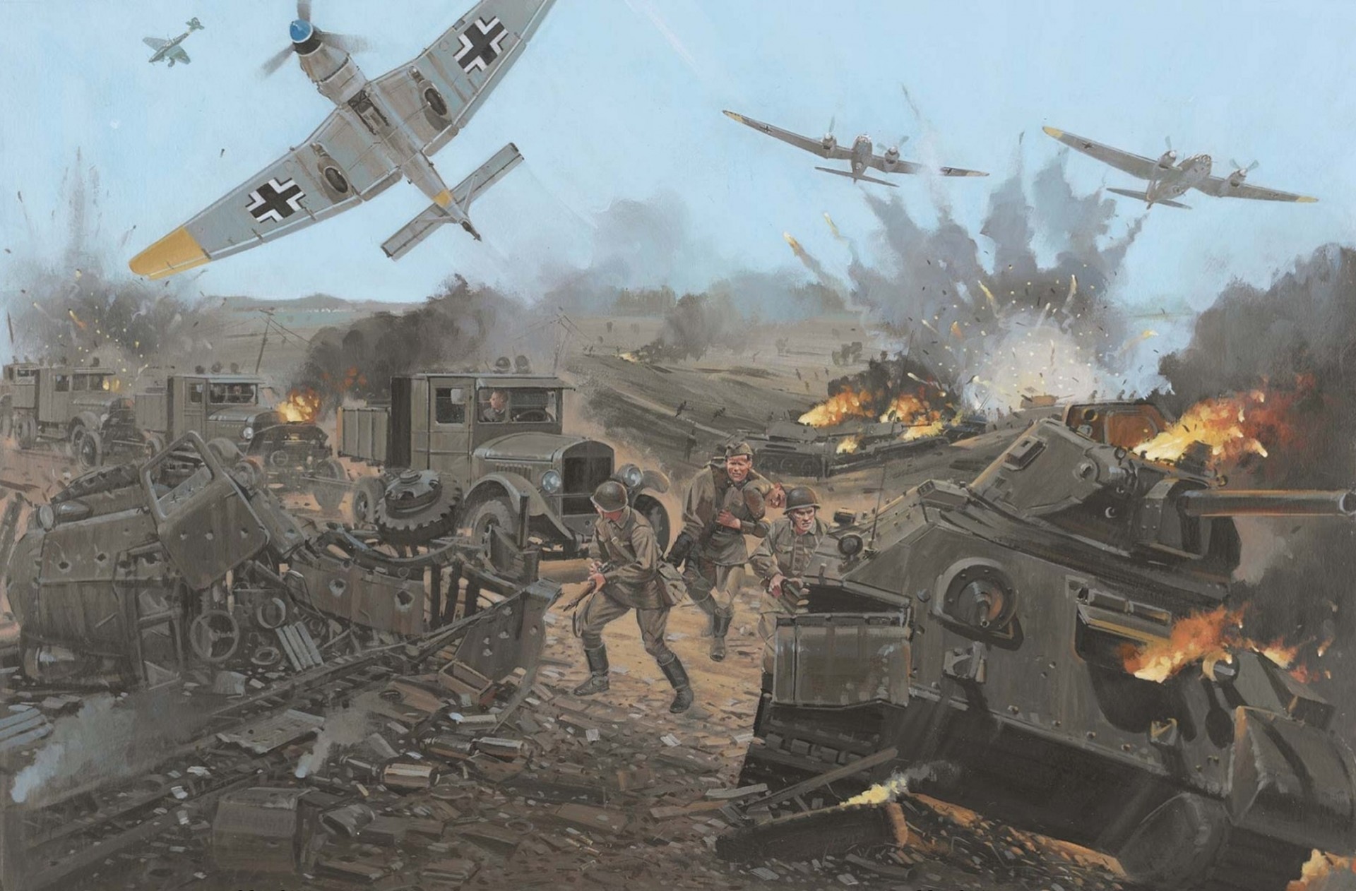 arte gran guerra patriótica soldados alemán 1942god vehículos blindados automáticos yu. 87 bombardeo coche correr columna tanques lucha plaza ciudad mayo jarkov aviones dibujo soviética