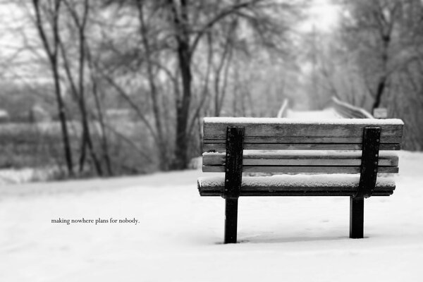 Banc dans la neige fond noir et blanc