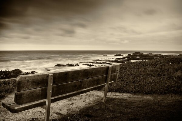 There is a black and white bench near the sea