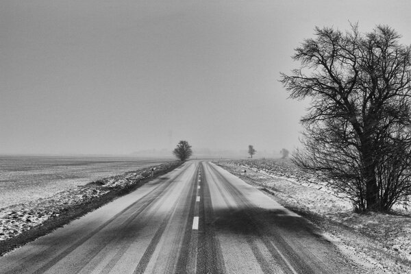 Première neige sur la route de banlieue