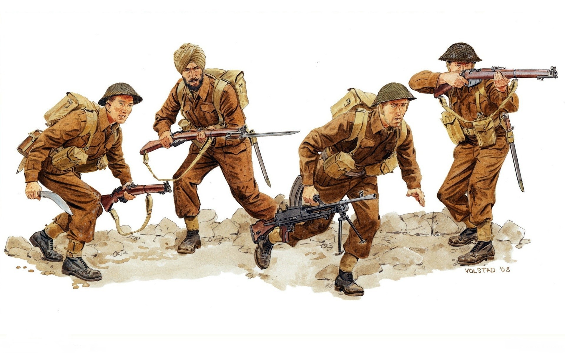 arte armas soldados batalla de monte cassino 1944 dibujo fuerzas aliadas bayonetas ametralladora ww2 nueva zelanda equipo rifles