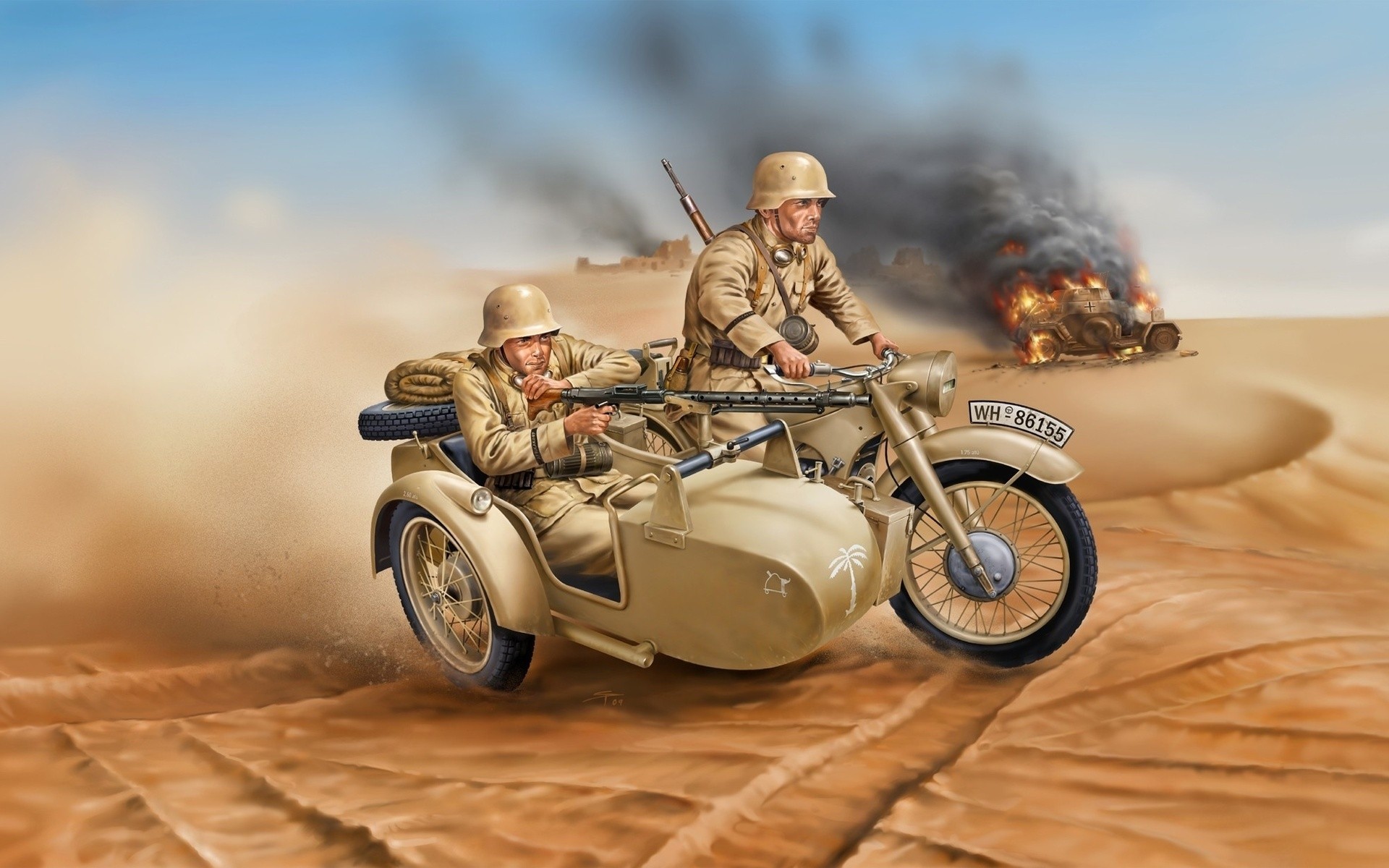 kunst waffen gepanzerte fahrzeuge soldaten deutsch rauch motorrad ww2 sand