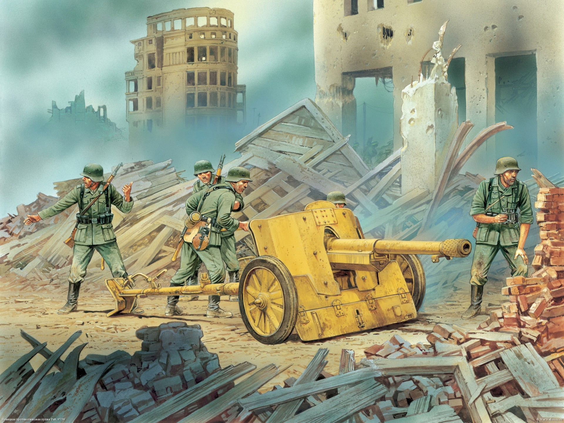 anti-tank german calculation to drawing the second world war gun picture town position ruins art fire