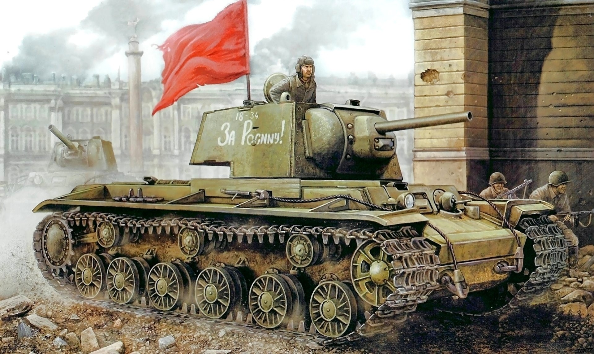 art kv-85 żołnierze ulica miasto rysunek czołgi ii wojna światowa