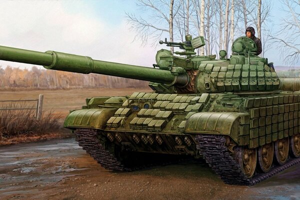 Il carro armato sovietico T-62 si trova sulla strada