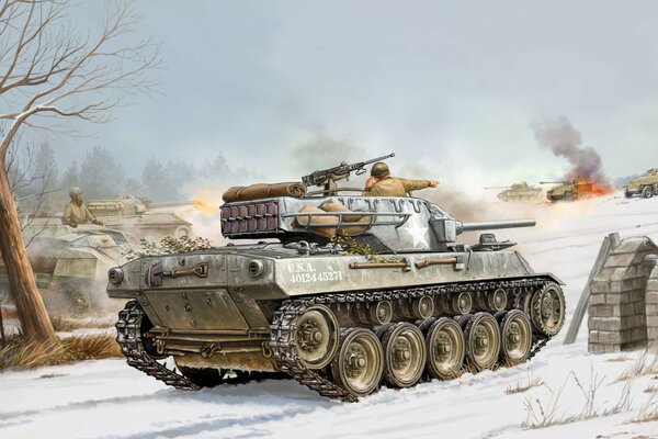 Drawing of a tank in winter at the battle