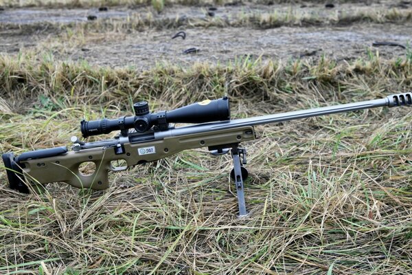 Fusil de sniper se tient sur un trépied sur l herbe dans le champ