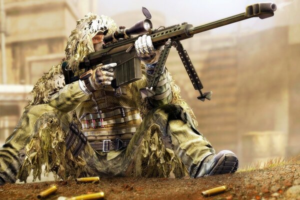 A sniper soldier prepares to shoot