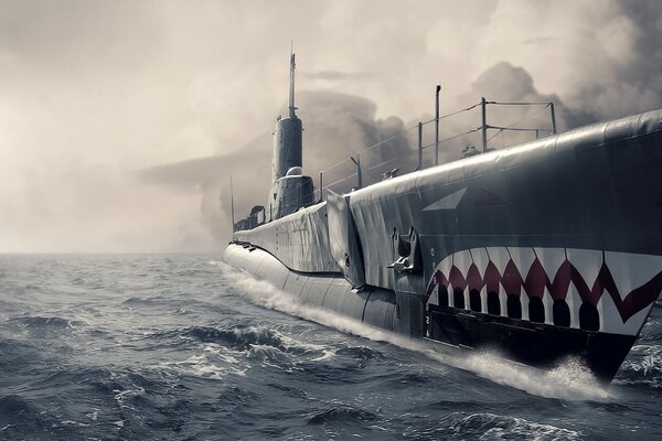 A submarine in a foggy ocean