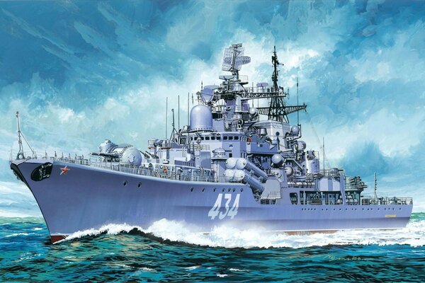 A destroyer in the expanses of the blue ocean