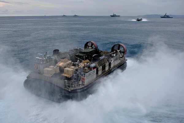 Landing ship in the Pacific sea