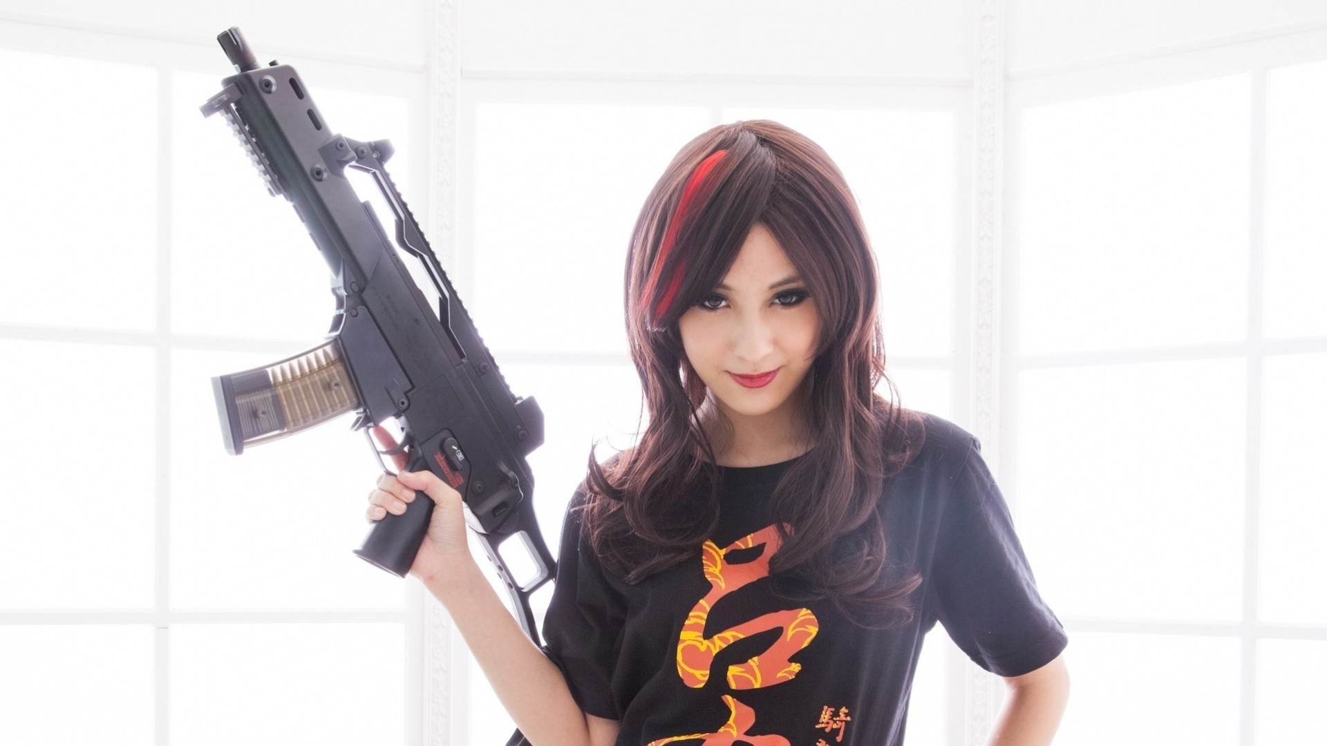 brunette weapon girl view