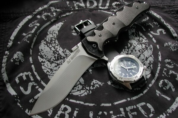 Cuchillo militar y reloj en escudo extranjero