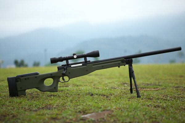 Sniper rifle on a green field