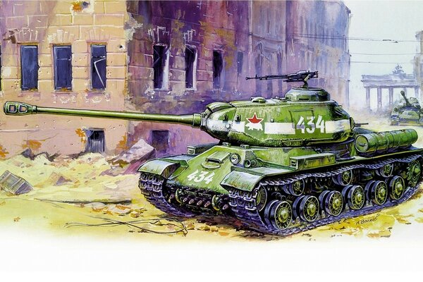 Drawing of a Soviet tank on the background of a building dilapidated by war