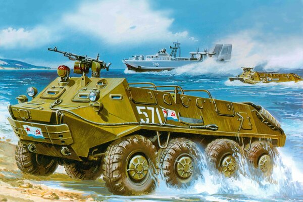 Soviet armored personnel carrier leaves the river