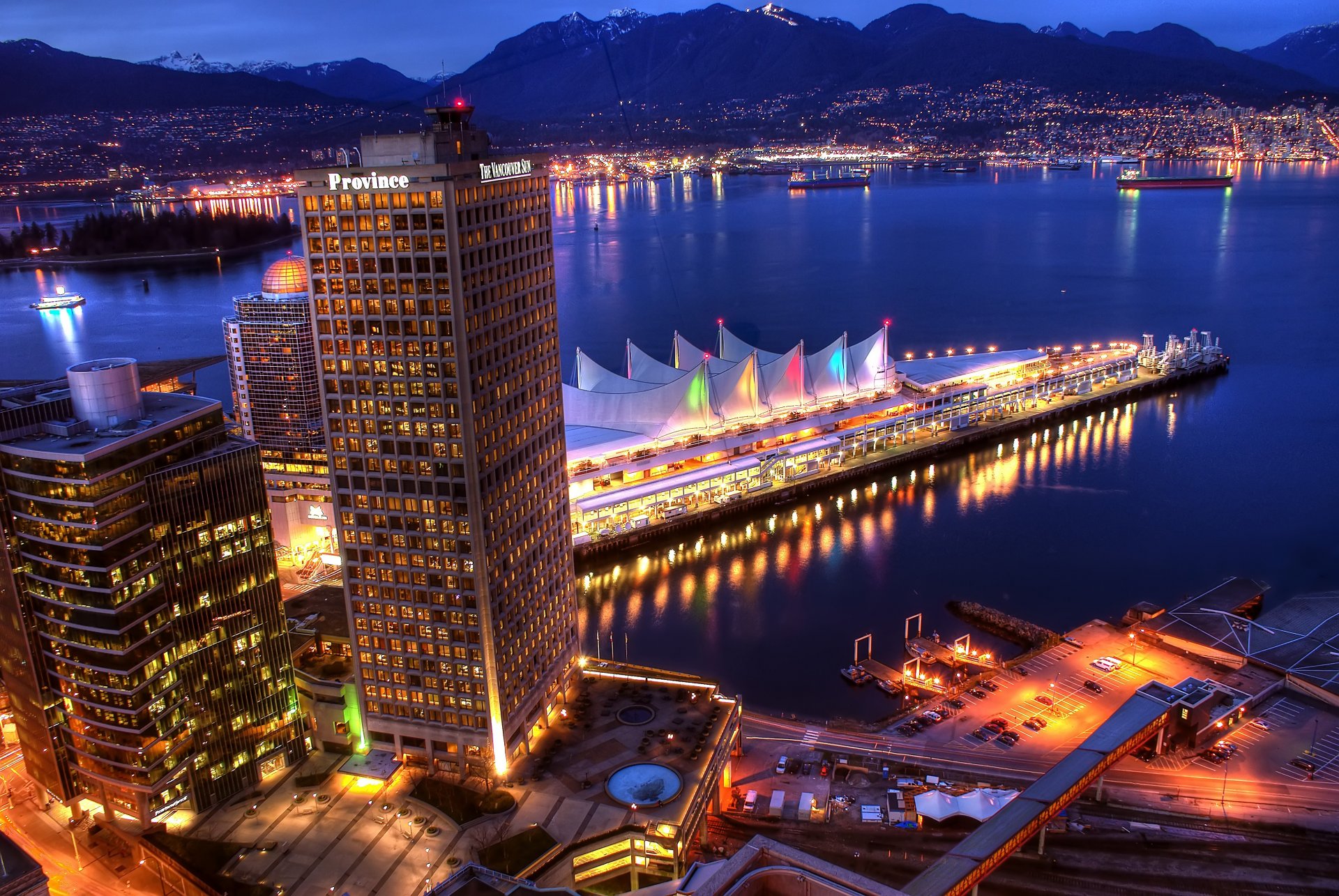 town vancouver night wharf house sea mountain