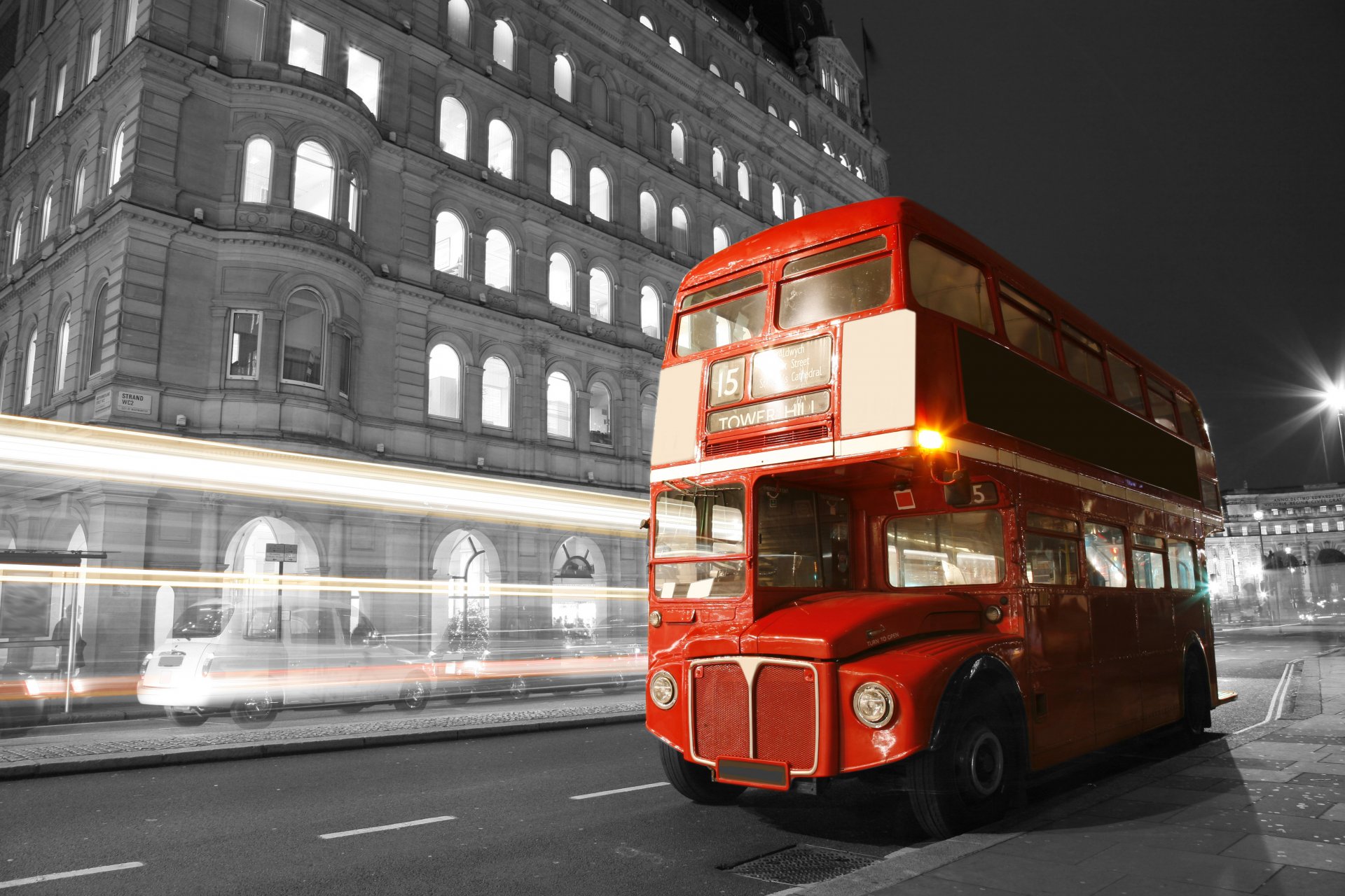 londra inghilterra autobus notte luci spot strada strada bianco e nero luci sfocatura città