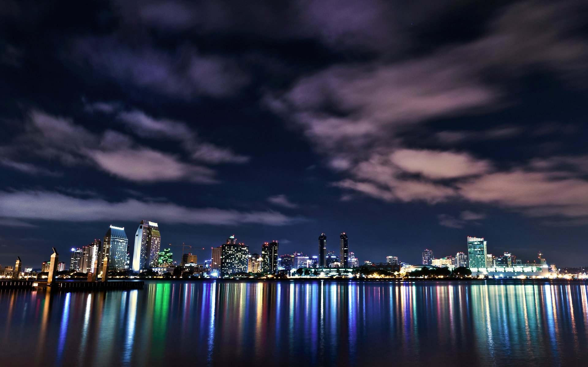 usa california san diego downtown night buildings lights sky clouds ocean reflection united states skyscraper light