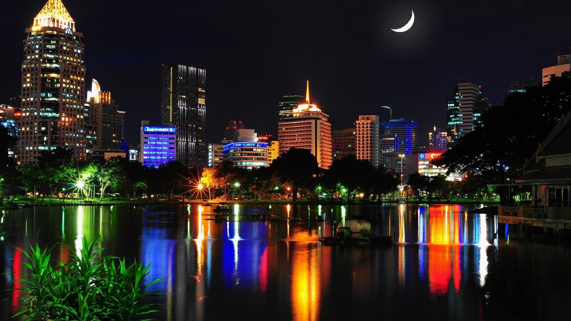 thailand bangkok town night house lights water reflection year