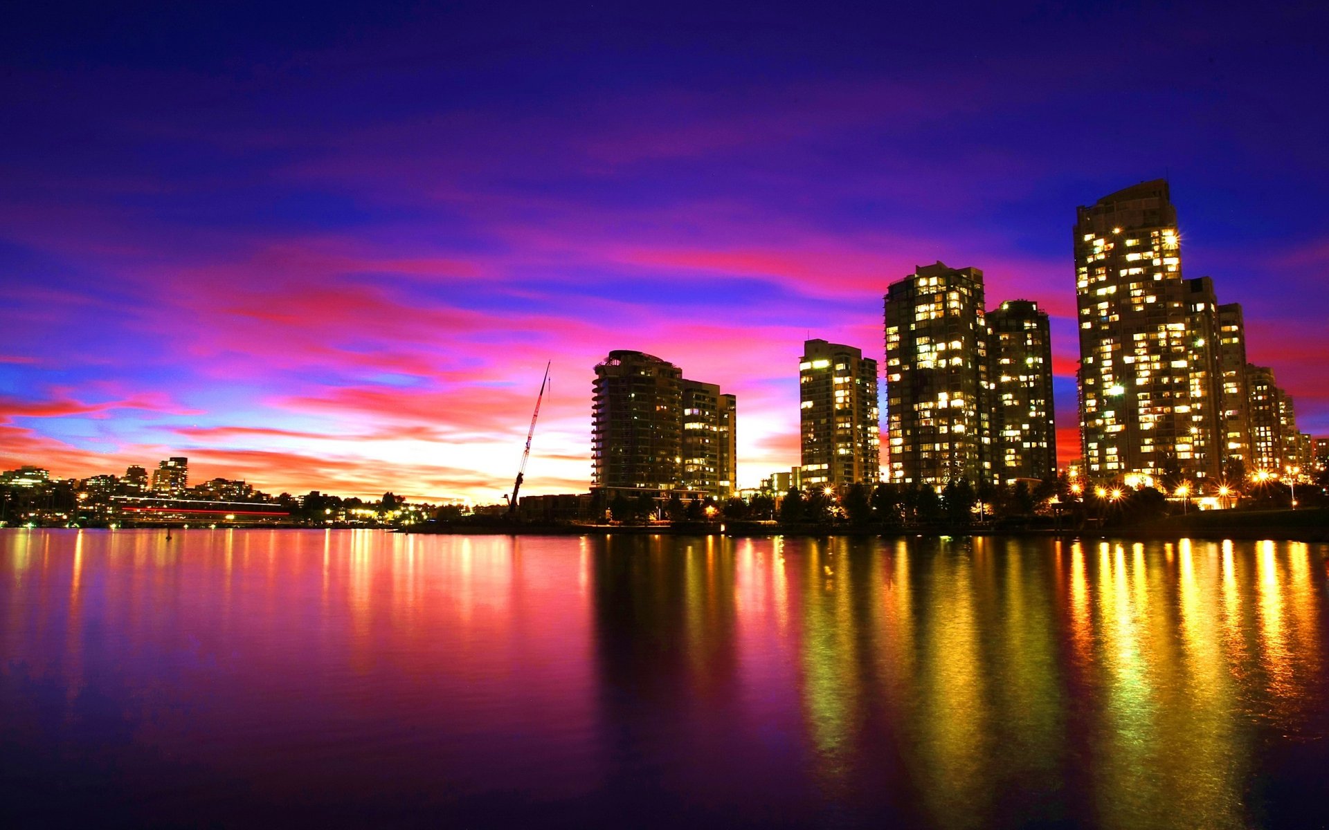 città vancouver tramonto viola acqua mare riflessione nuvola cielo