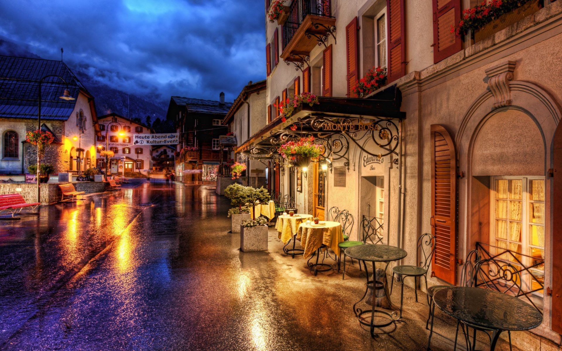 zermatt suiza café mesas calle camino edificios casas