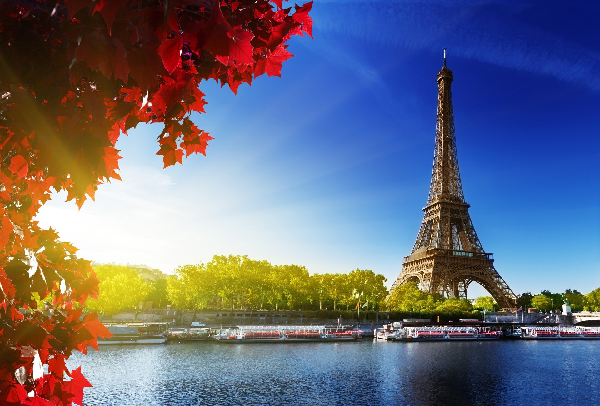 la tour eiffel tour eiffel paris france arbres rivière seine ciel soleil feuilles rouge automne