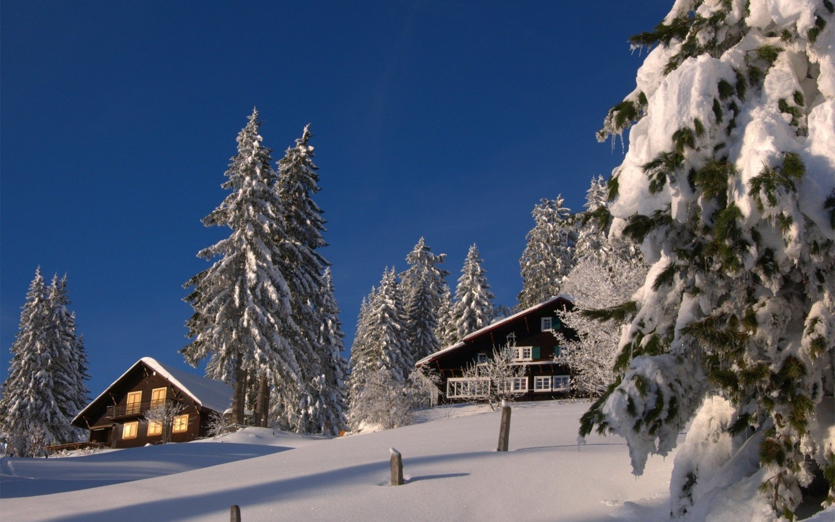 montagnes maisons arbres neige enneigé