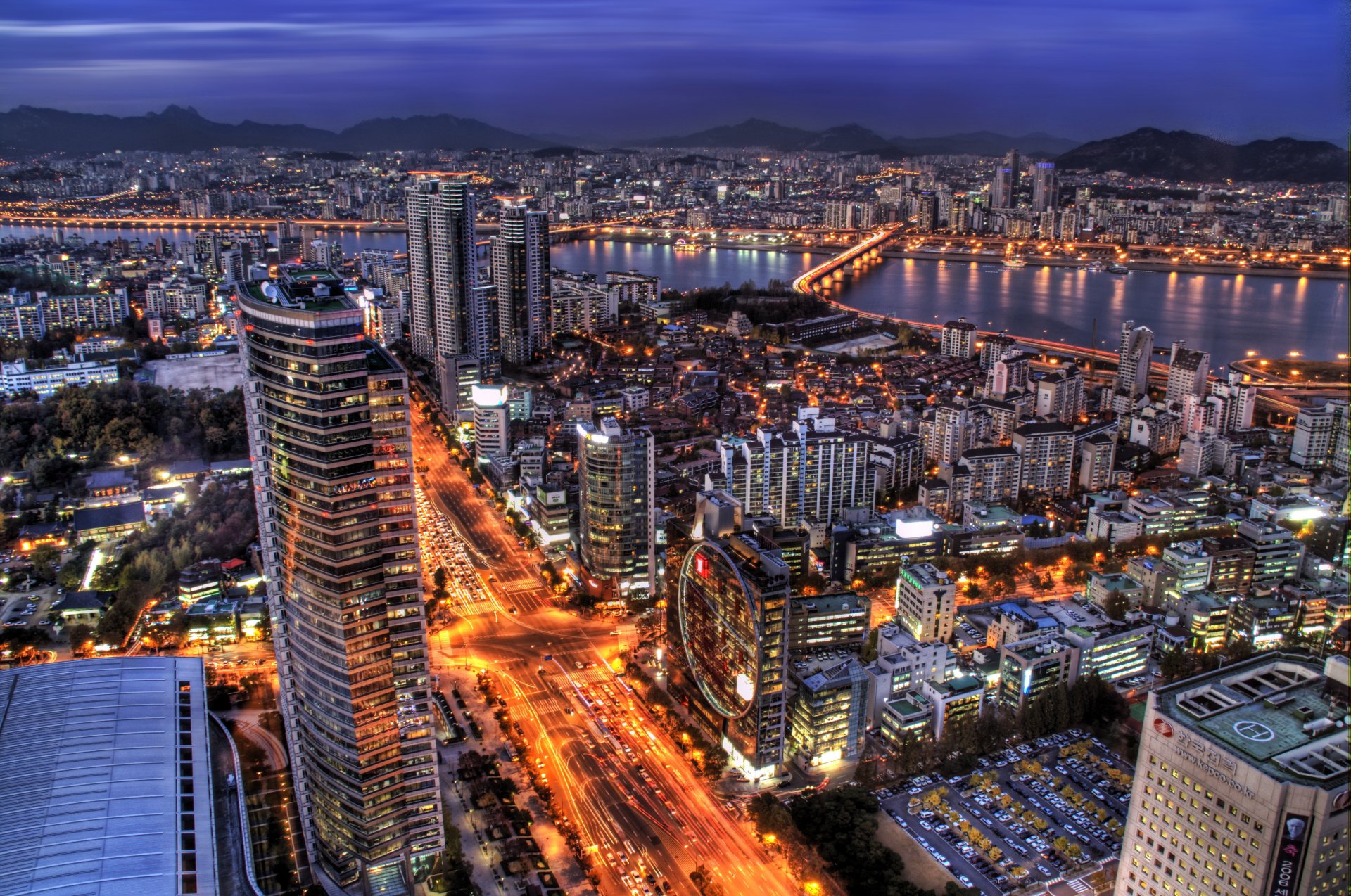 outh korea seoul capital evening skyscrapers illumination lights blue sky capital