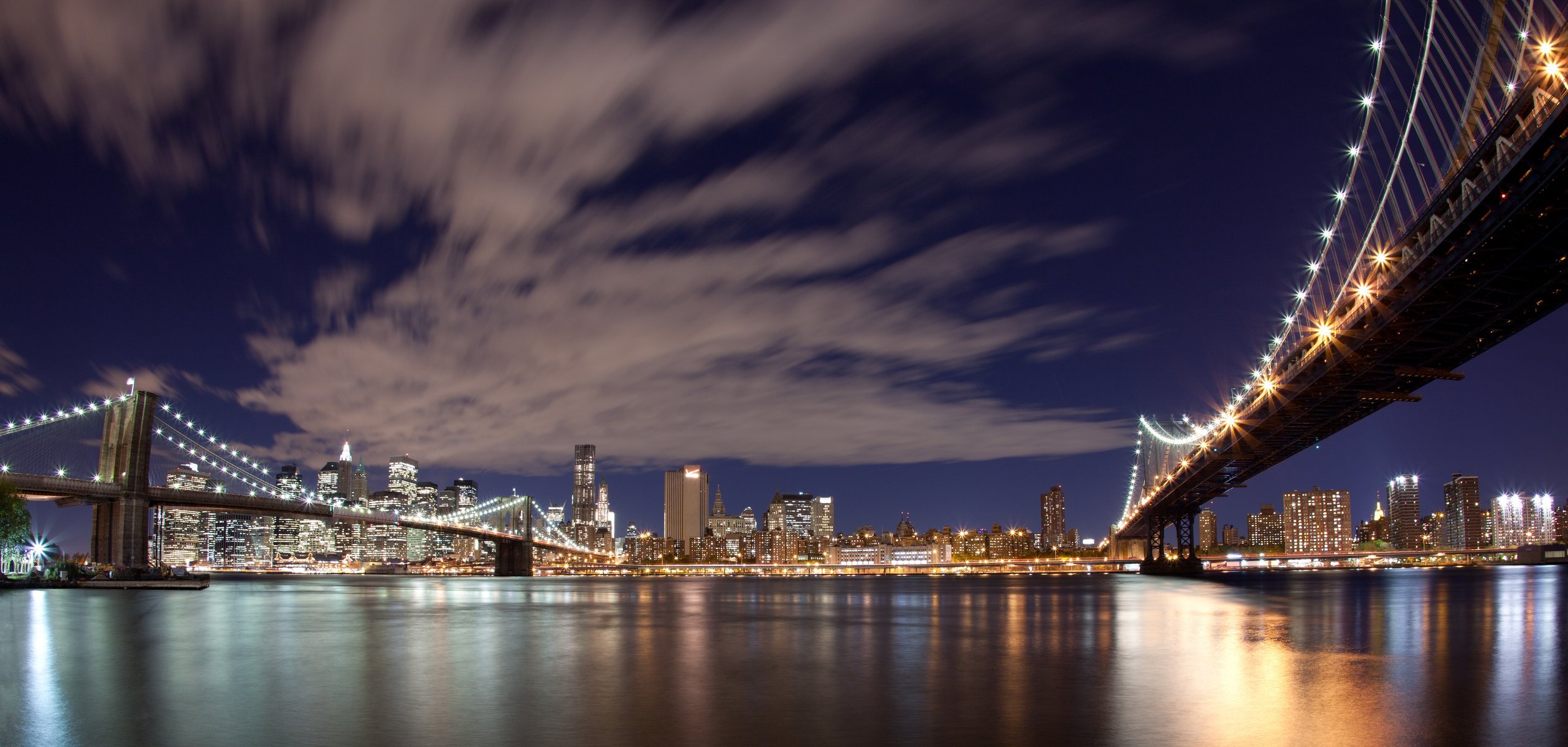 usa new york city stadt brooklyn bridge abend lichter himmel wolken panorama