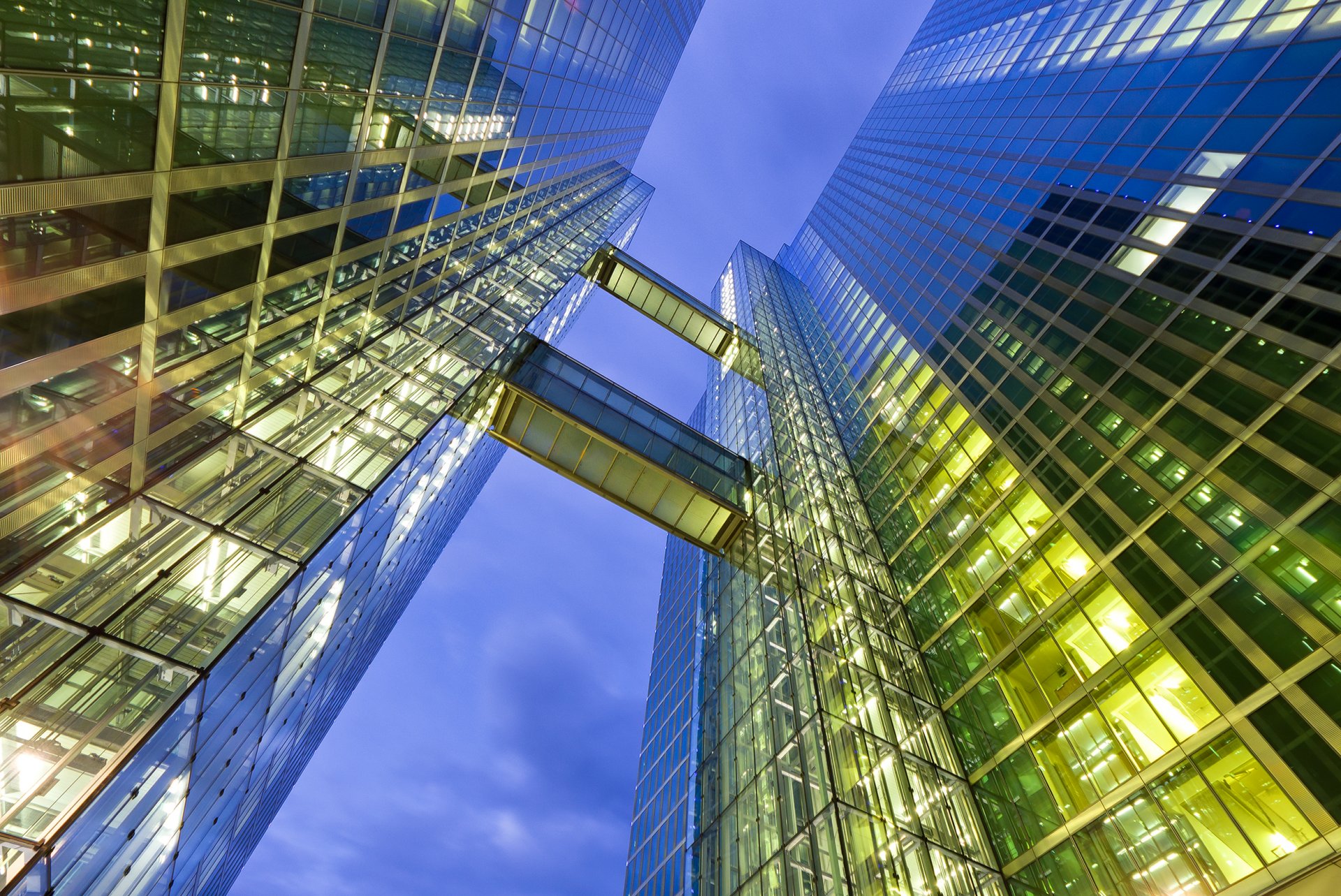 city skyscrapers glass sky night evening light lights window