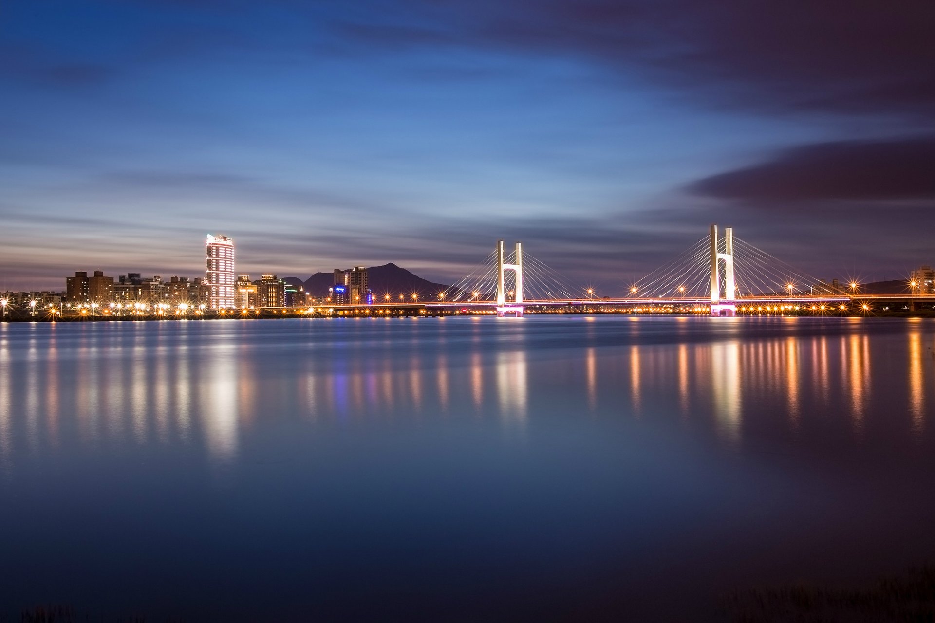 china taiwan taipei city night bridge lanterns river reflection prc lights backlight