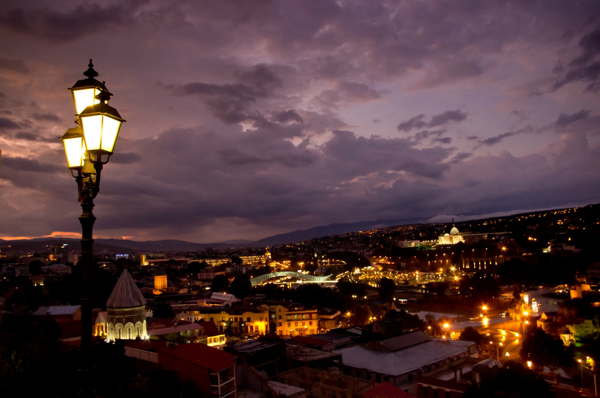 georgia tbilisi capital town panorama night buildings architecture lights light lamp