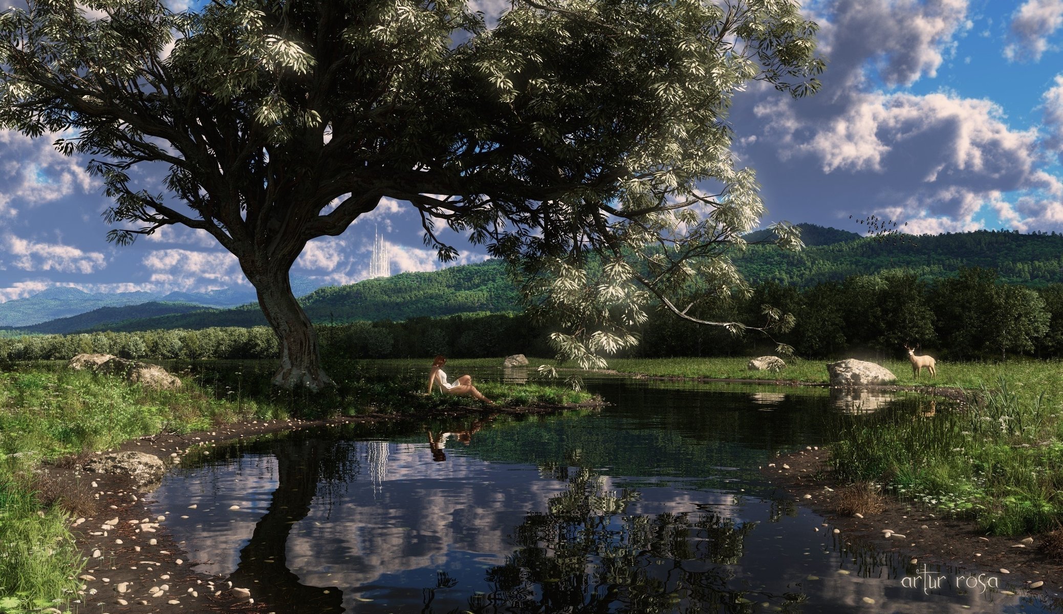 lago acqua cerva cervo ragazza albero stagno arte