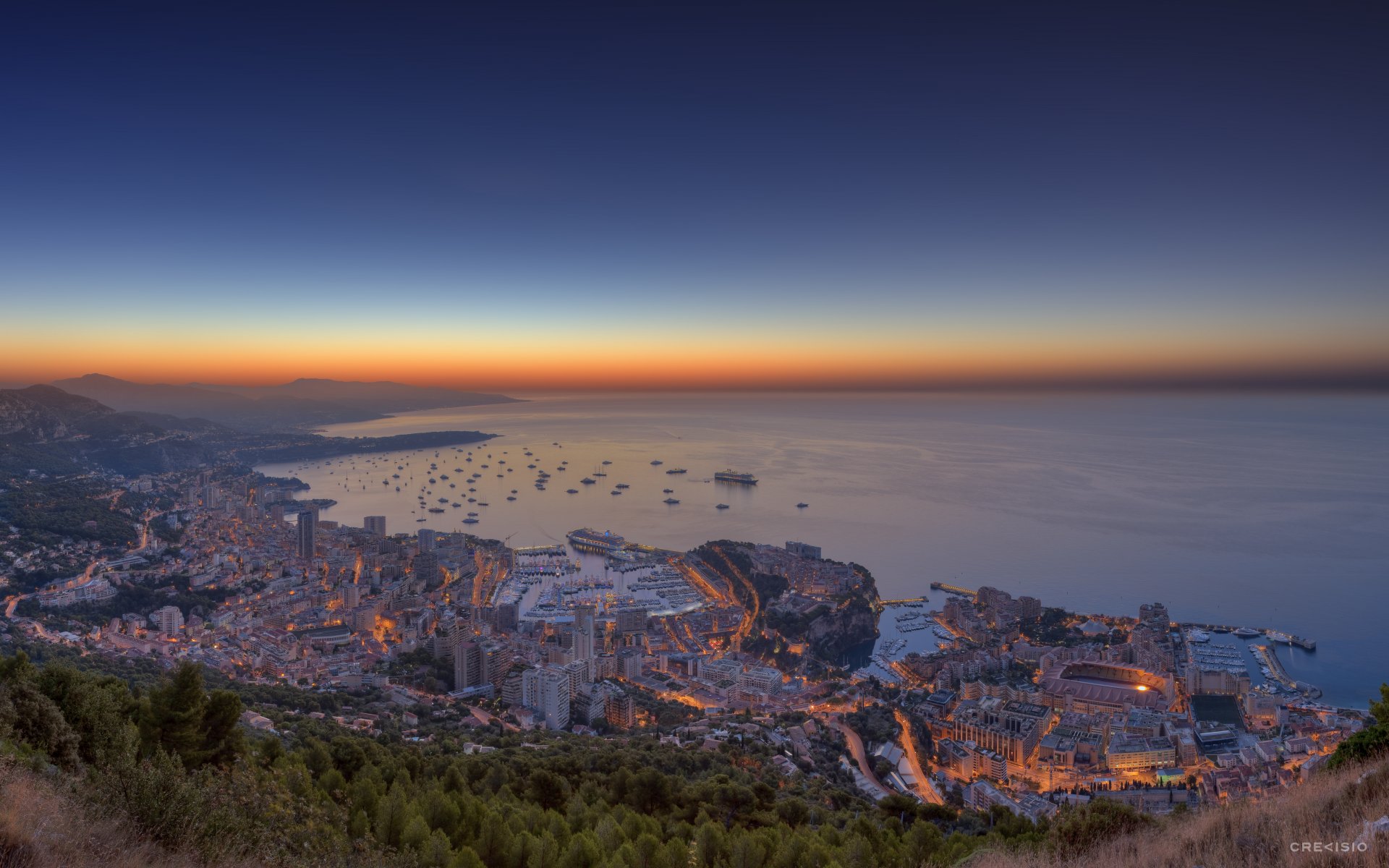 ville monaco monte carlo monte carlo soirée coucher de soleil mer port yachts navires maisons lumières nature paysage panorama