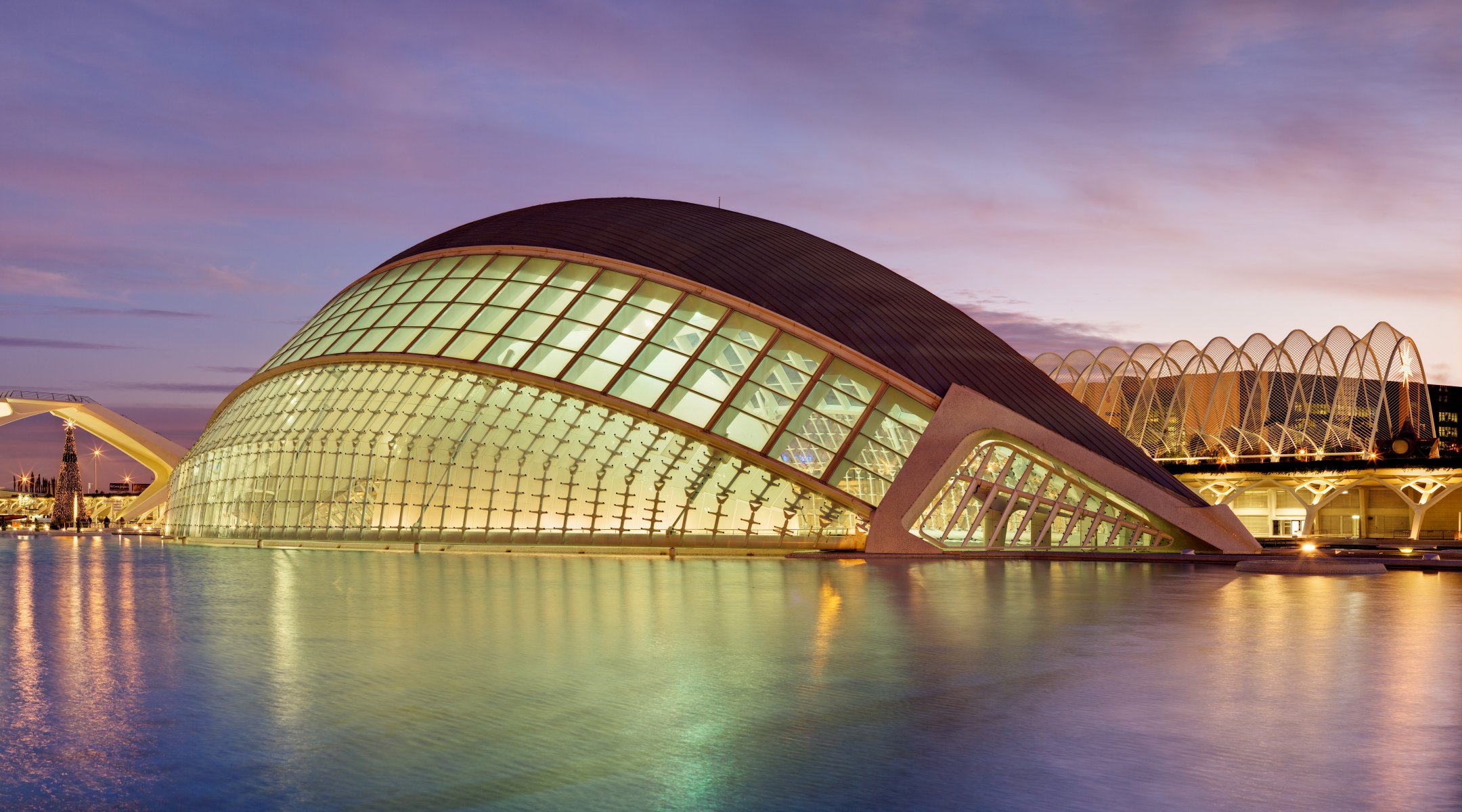 valence espagne l hemisfèric cinéma imax planétarium théâtre laser cité des arts et des sciences arbre de noël soirée crépuscule lumières arbre de noël