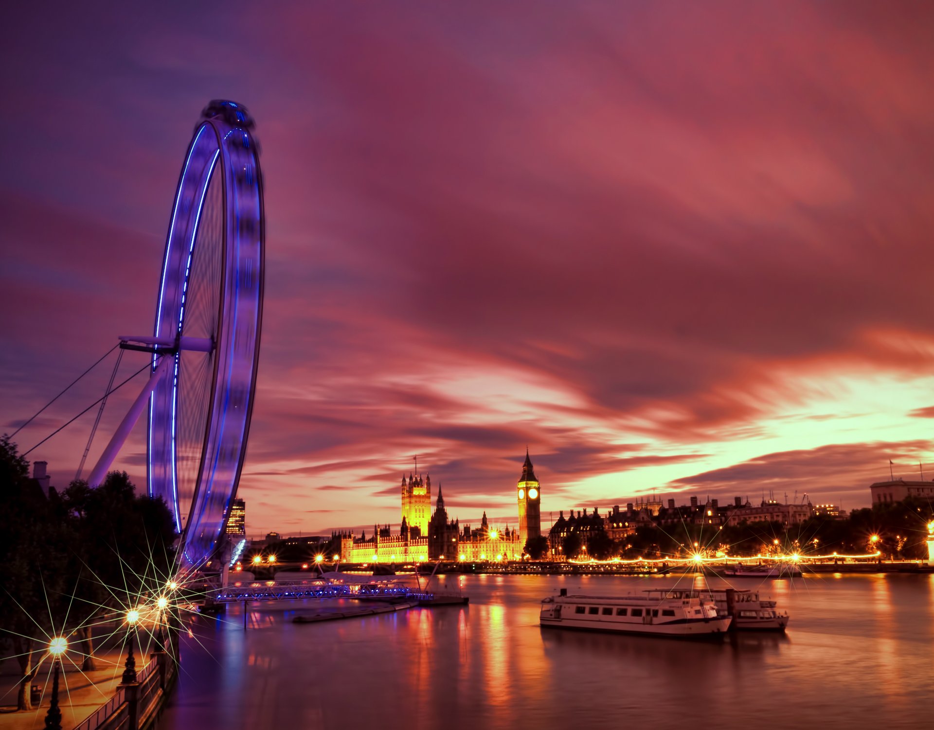 wielka brytania anglia londyn stolica diabelski młyn wieczór architektura światła podświetlenie nabrzeże rzeka tamiza london eye kapitał thame