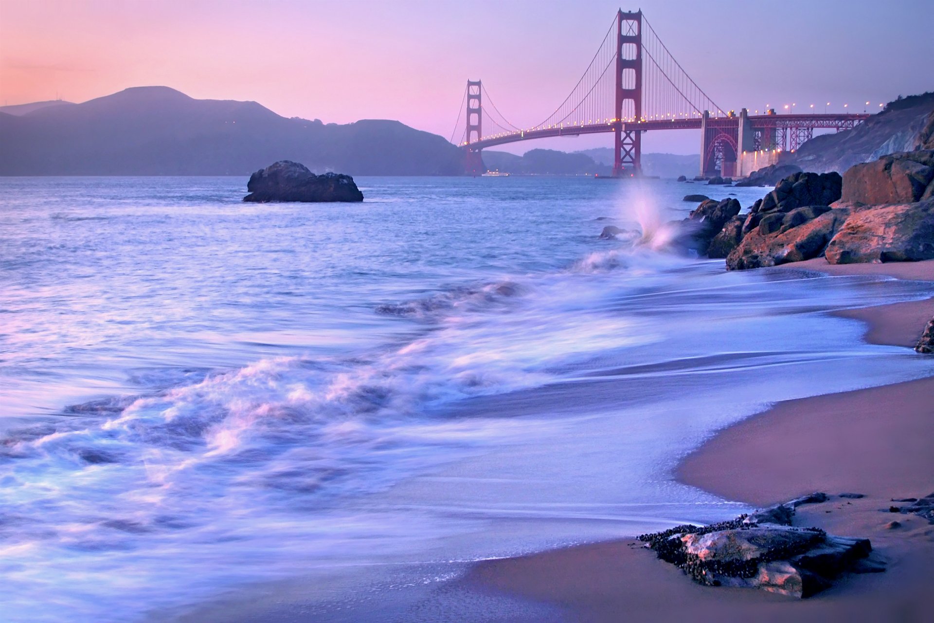 usa california san francisco golden gate bridge golden gate bridge strait shore stones lilac evening landscape