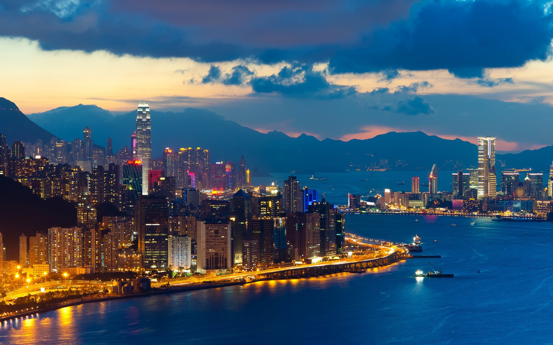 town landscape night twilight buildings hong kong