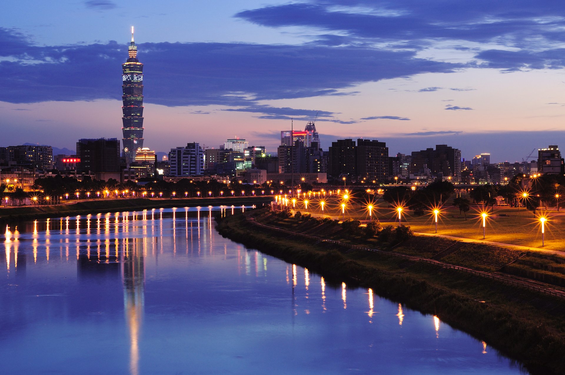 china china taiwan taipeh stadt fluss abend sonnenuntergang himmel wolken licht lichter laternen reflexion